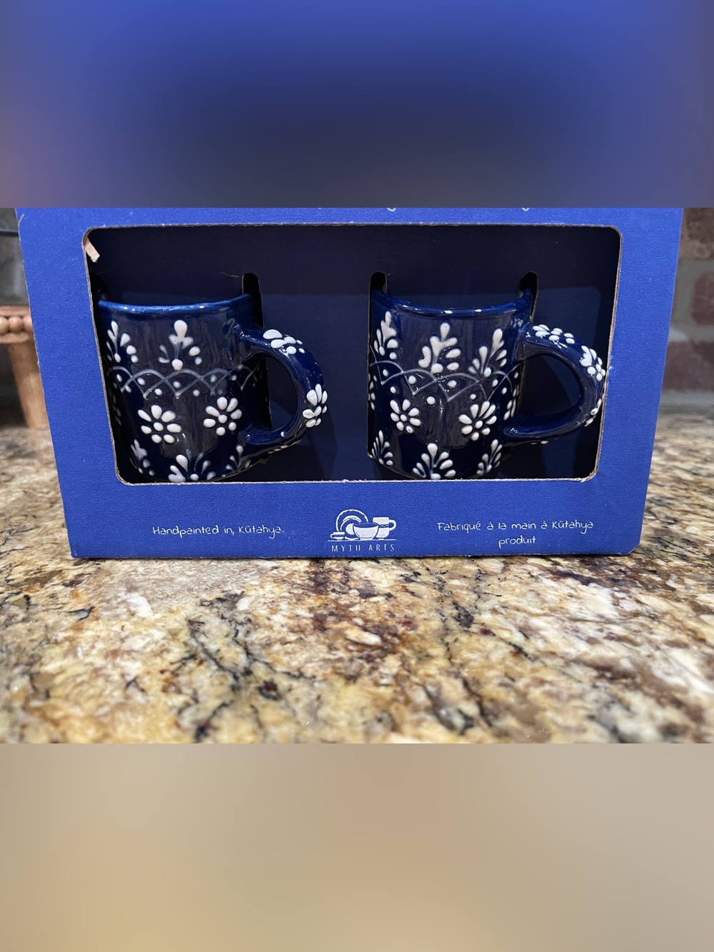 Myth Arts Hand Crafted in Turkey hand painted espresso mug set -blue & white NEW